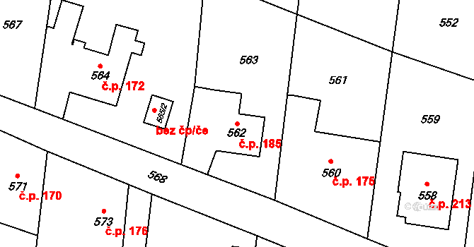 Suché Lazce 185, Opava na parcele st. 562 v KÚ Suché Lazce, Katastrální mapa