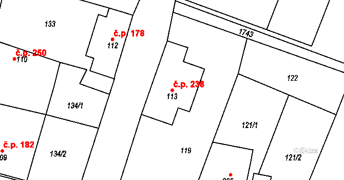 Jiřetín pod Jedlovou 238 na parcele st. 113 v KÚ Jiřetín pod Jedlovou, Katastrální mapa