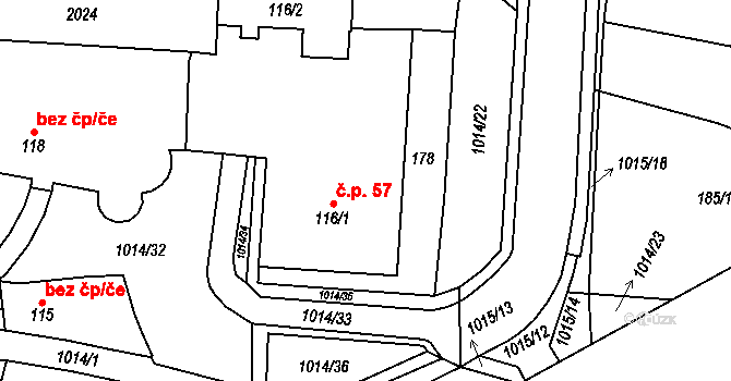 Hrochův Týnec 57 na parcele st. 116/1 v KÚ Hrochův Týnec, Katastrální mapa