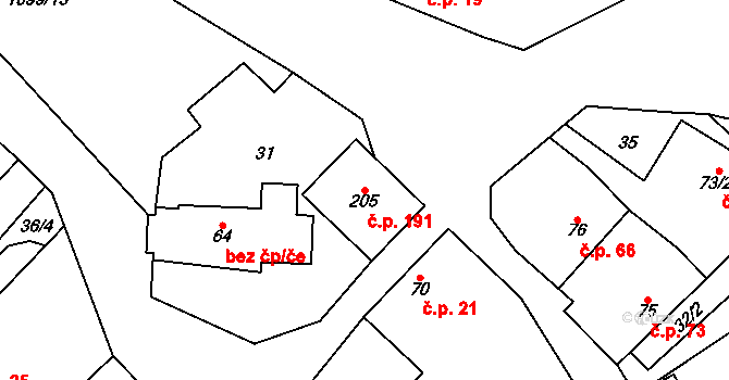 Horní Počaply 191 na parcele st. 205 v KÚ Horní Počaply, Katastrální mapa