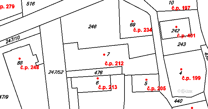 Tuchoměřice 212 na parcele st. 7 v KÚ Kněžívka, Katastrální mapa