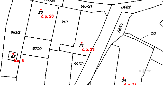 Bítov 23, Přehýšov na parcele st. 21 v KÚ Bítov u Přehýšova, Katastrální mapa