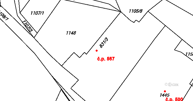 Svítkov 567, Pardubice na parcele st. 831/3 v KÚ Svítkov, Katastrální mapa