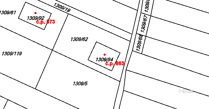 Tlučná 863 na parcele st. 1309/84 v KÚ Tlučná, Katastrální mapa
