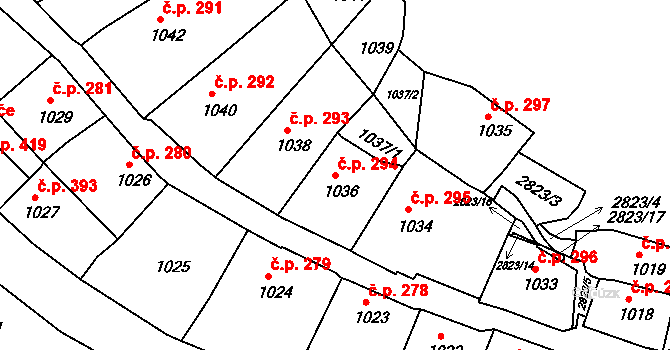 Štramberk 294 na parcele st. 1036 v KÚ Štramberk, Katastrální mapa