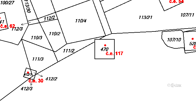 Roztoky 117 na parcele st. 470 v KÚ Roztoky u Křivoklátu, Katastrální mapa