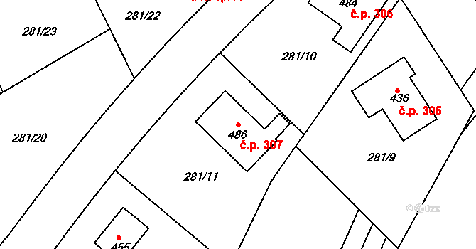 Dolní Roveň 307 na parcele st. 486 v KÚ Dolní Roveň, Katastrální mapa