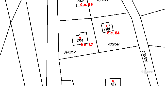 Srby 67 na parcele st. 150 v KÚ Srby nad Úslavou, Katastrální mapa