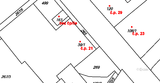 Sulec 21, Toužetín na parcele st. 39/1 v KÚ Toužetín, Katastrální mapa