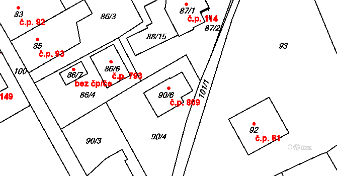 Lipence 809, Praha na parcele st. 90/6 v KÚ Lipence, Katastrální mapa