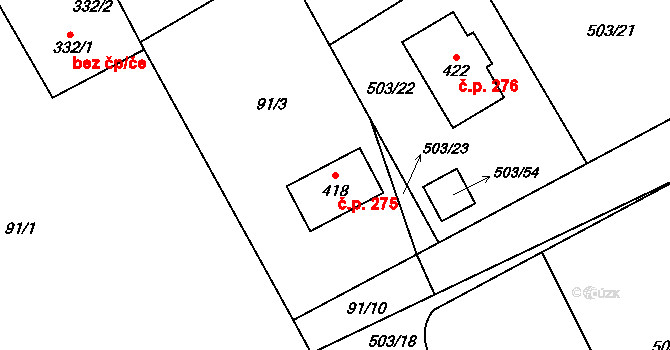 Újezd 275 na parcele st. 418 v KÚ Újezd u Hořovic, Katastrální mapa