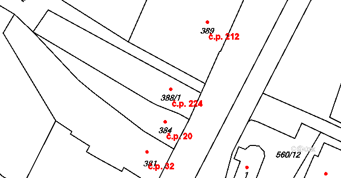 Rychlov 224, Bystřice pod Hostýnem na parcele st. 388/1 v KÚ Rychlov u Bystřice pod Hostýnem, Katastrální mapa
