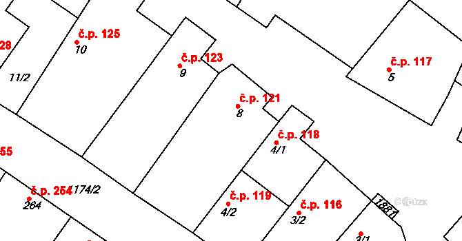 Jevišovice 121 na parcele st. 8 v KÚ Jevišovice, Katastrální mapa