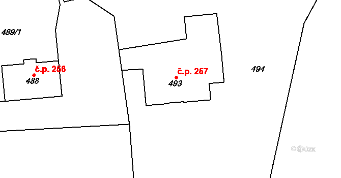 Jihlava 257 na parcele st. 493 v KÚ Jihlava, Katastrální mapa