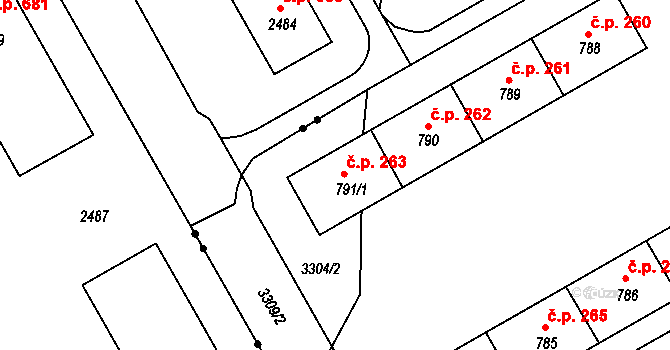 Lyžbice 263, Třinec na parcele st. 791/1 v KÚ Lyžbice, Katastrální mapa