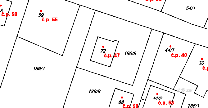 Borotice 47 na parcele st. 72 v KÚ Borotice, Katastrální mapa