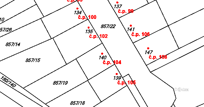 Medlovice 104 na parcele st. 140 v KÚ Medlovice, Katastrální mapa