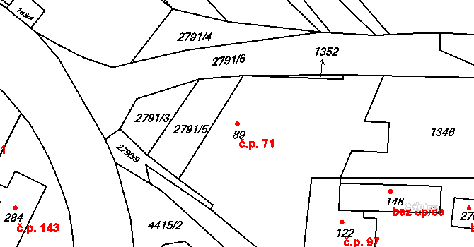 Branná 71, Třeboň na parcele st. 89 v KÚ Branná, Katastrální mapa