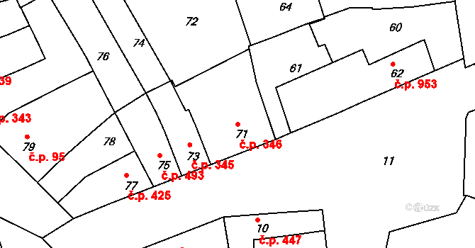 Hulín 346 na parcele st. 71 v KÚ Hulín, Katastrální mapa