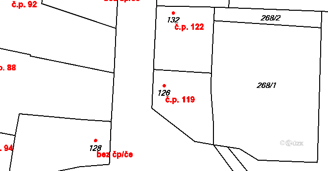 Brníkov 119, Mšené-lázně na parcele st. 126 v KÚ Brníkov, Katastrální mapa