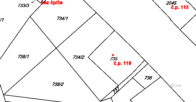 Košťálov 118 na parcele st. 735 v KÚ Košťálov, Katastrální mapa