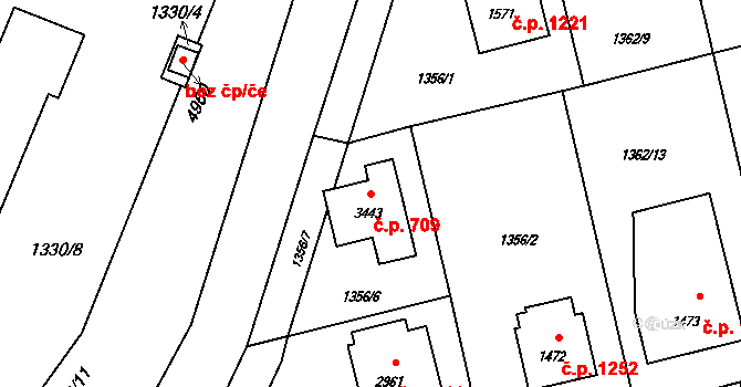 Rožnov pod Radhoštěm 709 na parcele st. 3443 v KÚ Rožnov pod Radhoštěm, Katastrální mapa