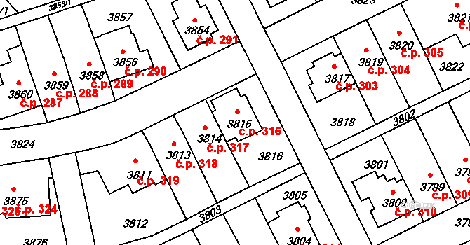 Záběhlice 316, Praha na parcele st. 3815 v KÚ Záběhlice, Katastrální mapa