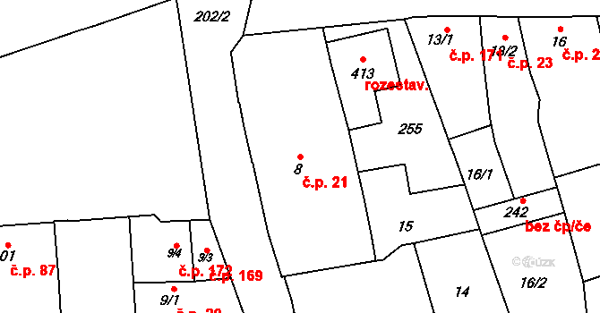 Bělidla 21, Olomouc na parcele st. 8 v KÚ Bělidla, Katastrální mapa