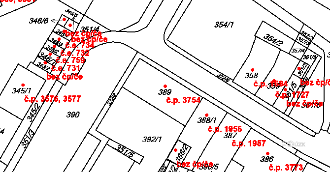 Chomutov 3754 na parcele st. 389 v KÚ Chomutov I, Katastrální mapa
