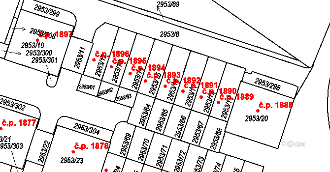 Kadaň 1892 na parcele st. 2953/16 v KÚ Kadaň, Katastrální mapa