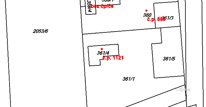 Třemošná 1121 na parcele st. 361/4 v KÚ Třemošná, Katastrální mapa