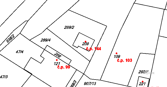 Vestec 144 na parcele st. 209 v KÚ Vestec nad Mrlinou, Katastrální mapa