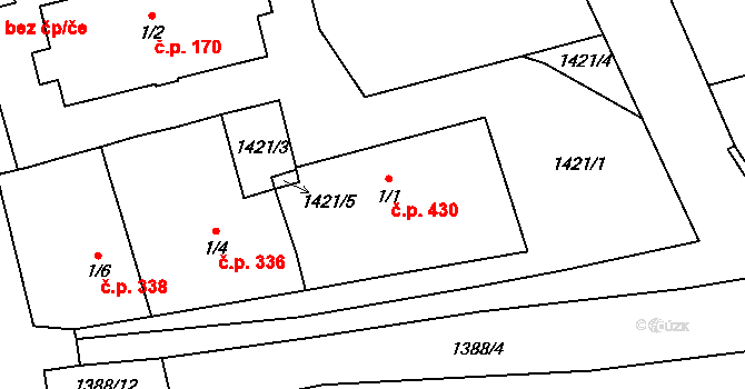Vranov nad Dyjí 430 na parcele st. 1/1 v KÚ Vranov nad Dyjí, Katastrální mapa