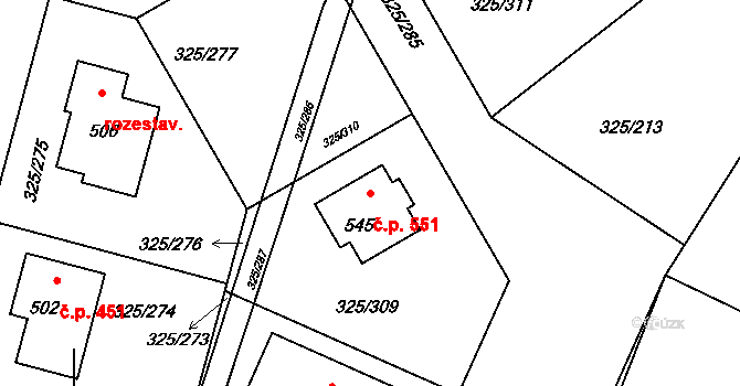 Bradlec 551 na parcele st. 545 v KÚ Bradlec, Katastrální mapa