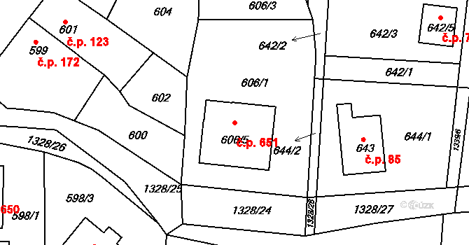 Tuchlovice 651 na parcele st. 606/5 v KÚ Tuchlovice, Katastrální mapa