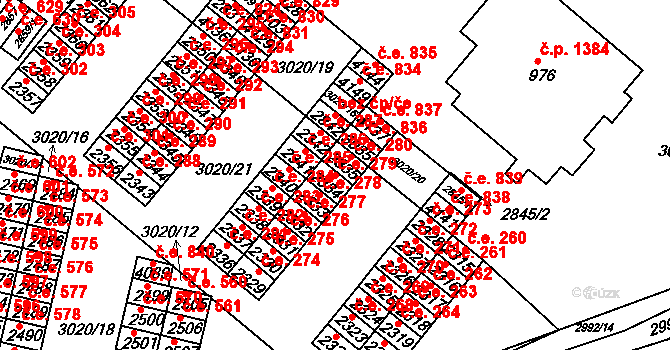 Kyjov 279 na parcele st. 2334 v KÚ Kyjov, Katastrální mapa