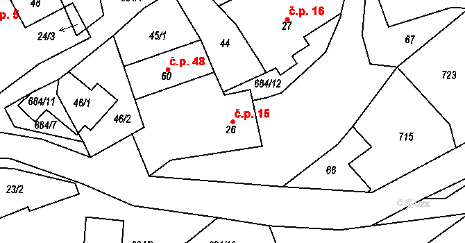 Rovné 15, Bystřice nad Pernštejnem na parcele st. 26 v KÚ Rovné, Katastrální mapa