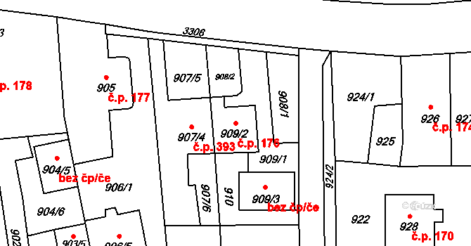 Píšť 176 na parcele st. 909/2 v KÚ Píšť, Katastrální mapa