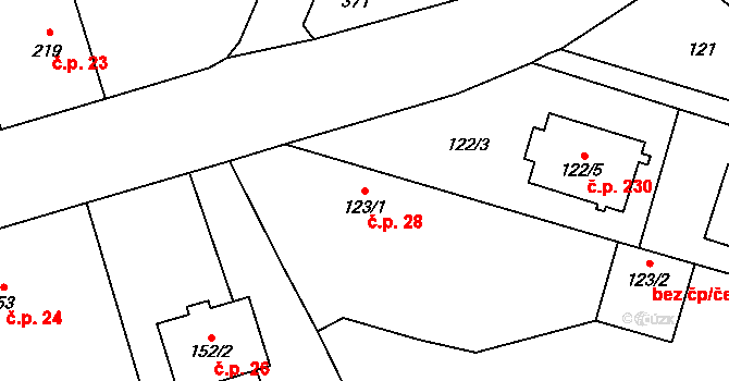 Chlebičov 28 na parcele st. 123/1 v KÚ Chlebičov, Katastrální mapa