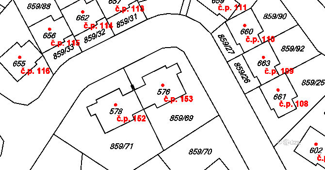 Dušníky 153, Obříství na parcele st. 576 v KÚ Obříství, Katastrální mapa
