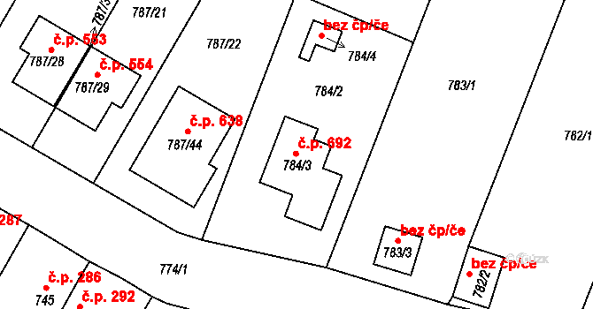 Proboštov 692 na parcele st. 784/3 v KÚ Proboštov u Teplic, Katastrální mapa