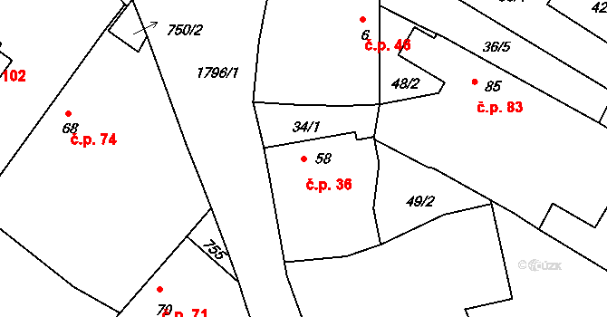 Borkovice 36 na parcele st. 58 v KÚ Borkovice, Katastrální mapa
