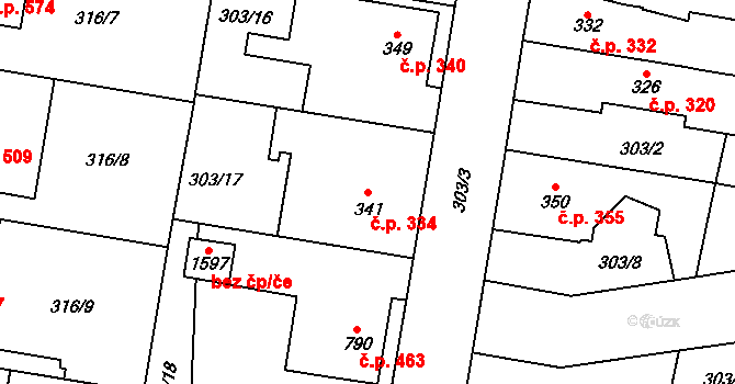 Rosice 334, Pardubice na parcele st. 341 v KÚ Rosice nad Labem, Katastrální mapa