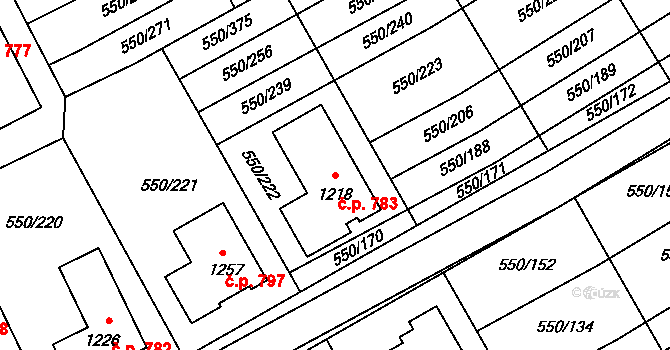 Prštné 783, Zlín na parcele st. 1218 v KÚ Prštné, Katastrální mapa