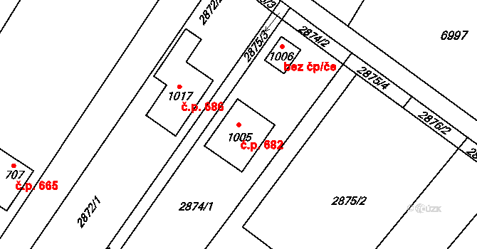 Lysice 682 na parcele st. 1005 v KÚ Lysice, Katastrální mapa
