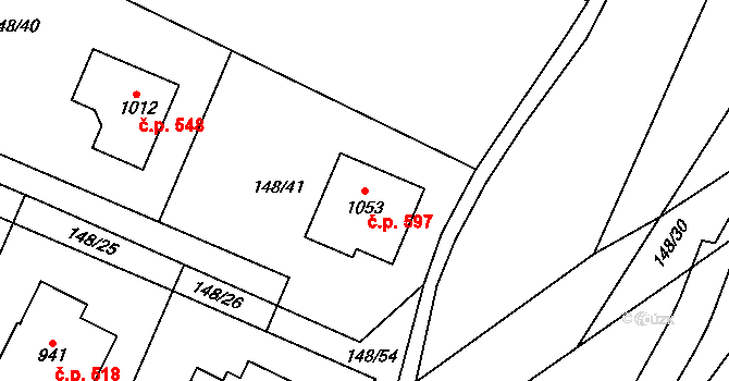 Sendražice 597, Kolín na parcele st. 1053 v KÚ Sendražice u Kolína, Katastrální mapa