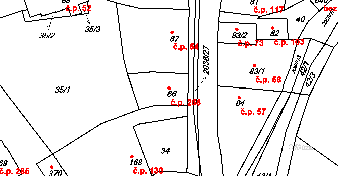 Merklín 256 na parcele st. 86 v KÚ Merklín u Přeštic, Katastrální mapa