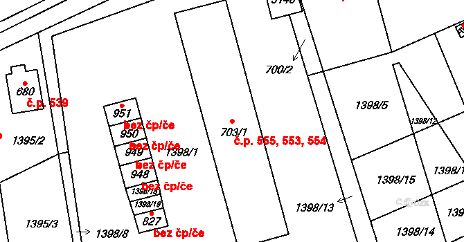 Petrovice 553,554,555 na parcele st. 703/1 v KÚ Petrovice u Chabařovic, Katastrální mapa