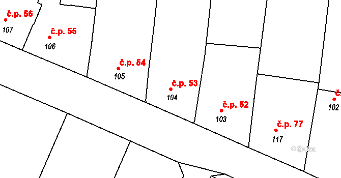 Trávník 53, Kroměříž na parcele st. 104 v KÚ Trávník, Katastrální mapa