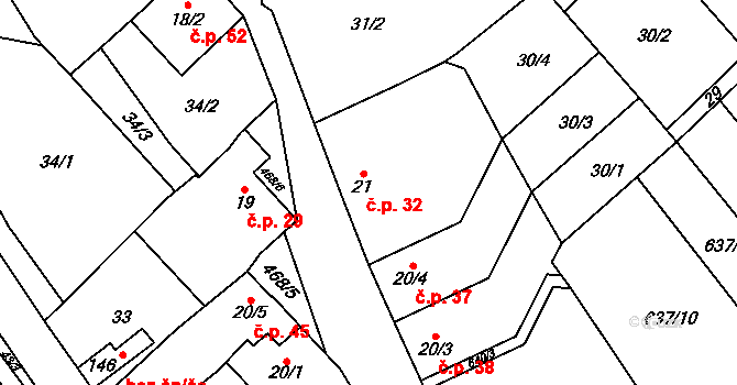 Křenůvky 32, Myslejovice na parcele st. 21 v KÚ Křenůvky, Katastrální mapa